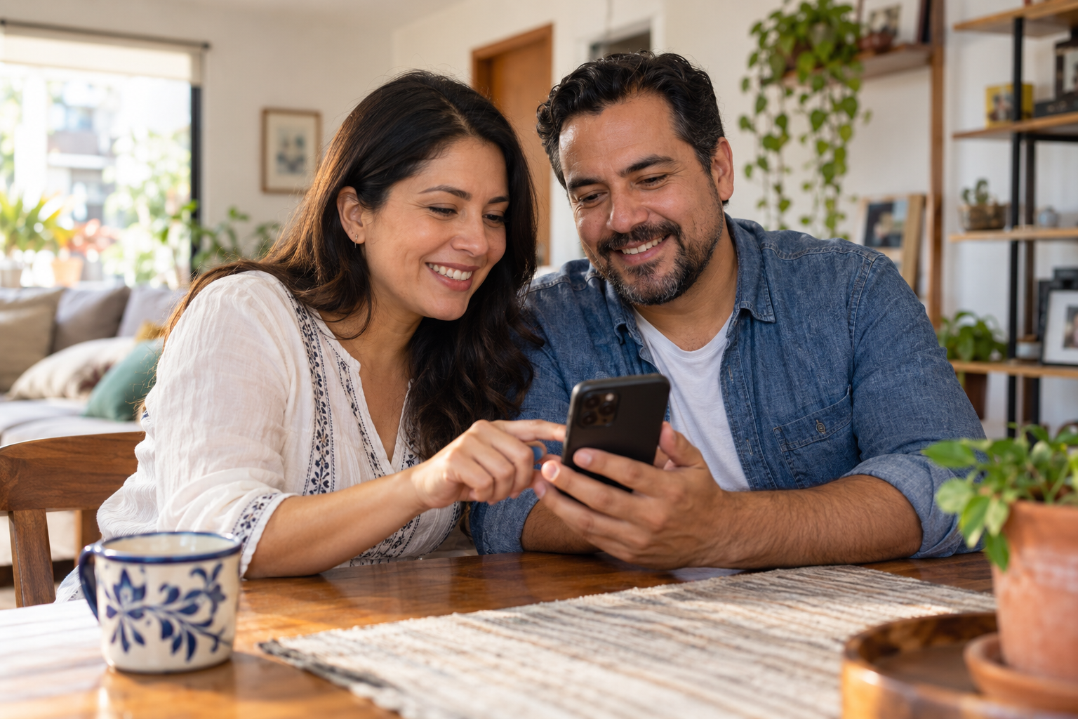 Una pareja sonriente consulta su teléfono en casa